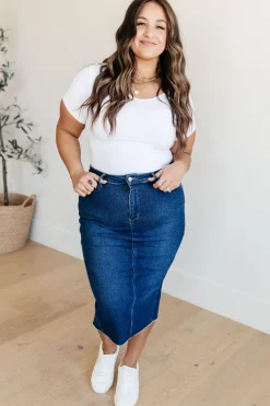 Marcy High Rise Denim Midi Skirt by Judy Blue