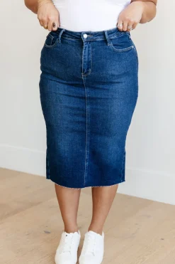 Marcy High Rise Denim Midi Skirt by Judy Blue
