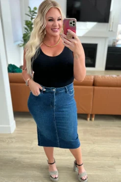 Marcy High Rise Denim Midi Skirt by Judy Blue