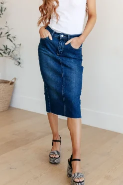 Marcy High Rise Denim Midi Skirt by Judy Blue