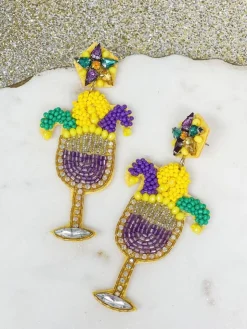 Mardi Gras Cocktail Beaded Dangle Earrings