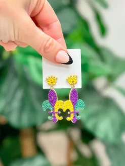 Mardi Gras Fleur De Lis Beaded Dangle Earrings