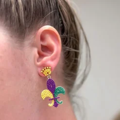 Mardi Gras Fleur De Lis Beaded Dangle Earrings