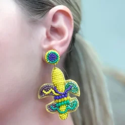 Mardi Gras Fleur De Lis Beaded Dangle Earrings