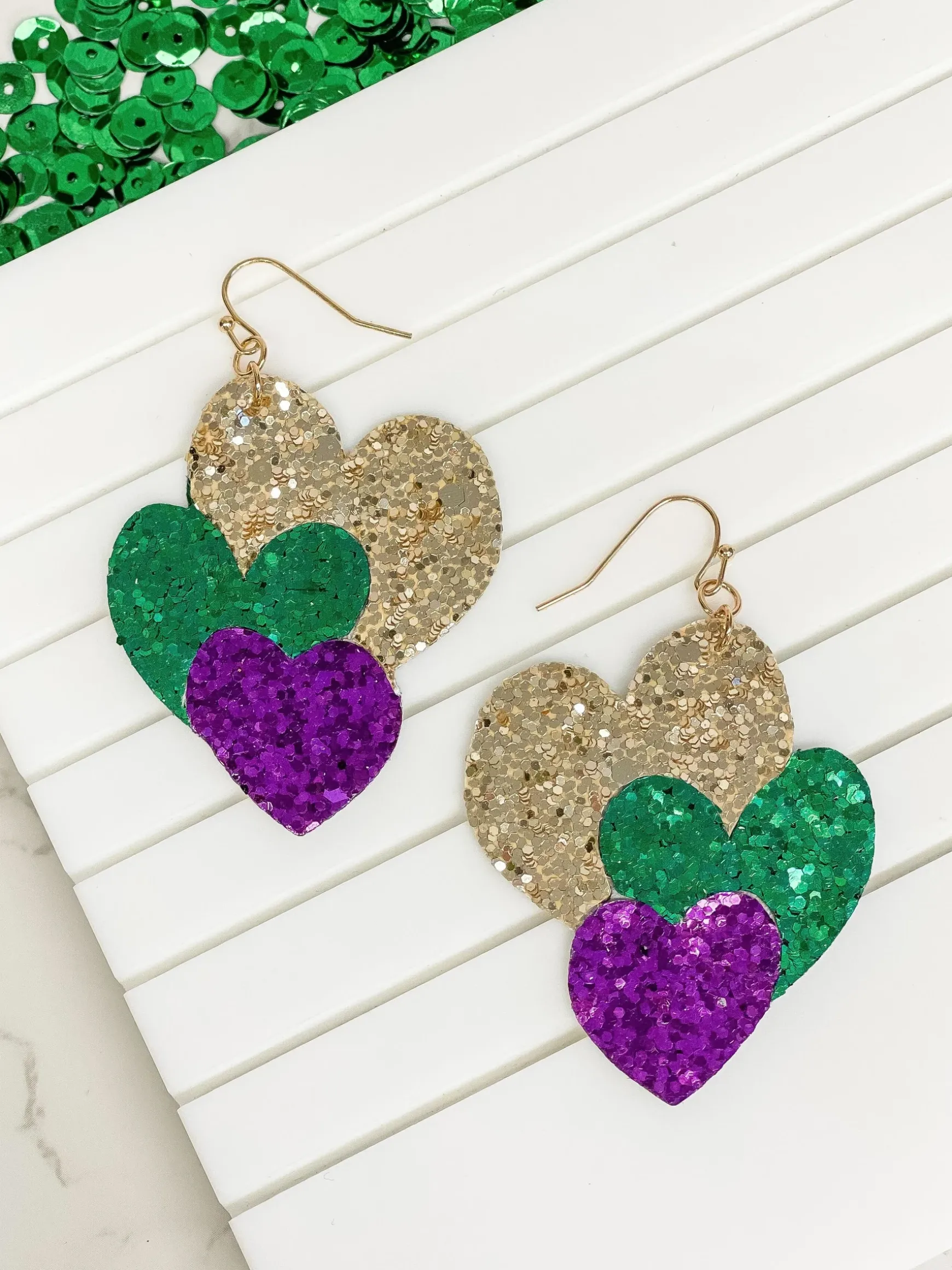 Mardi Gras Glitter Heart Dangle Earrings