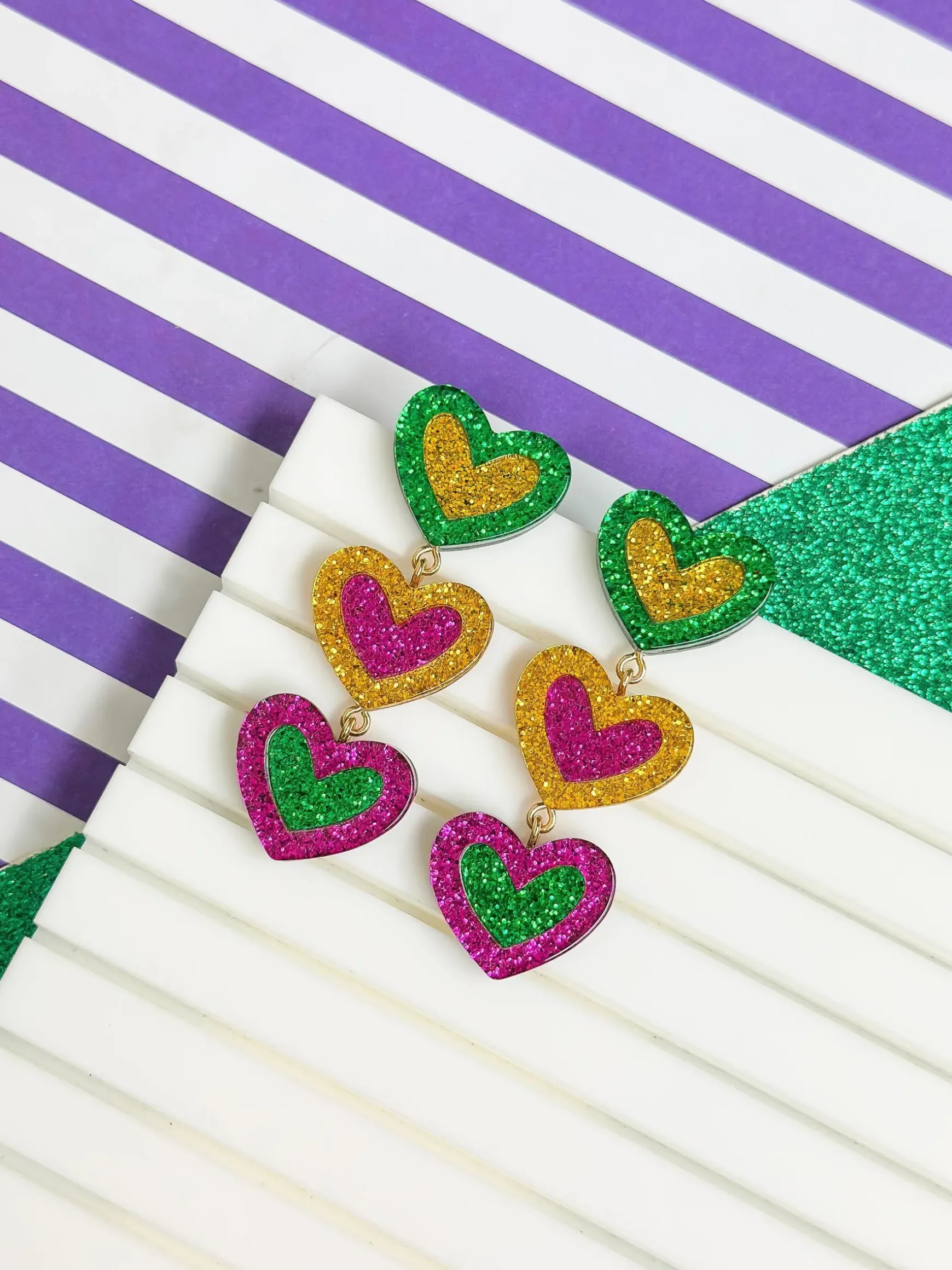 Mardi Gras Glitter Heart Dangle Earrings