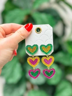 Mardi Gras Glitter Heart Dangle Earrings