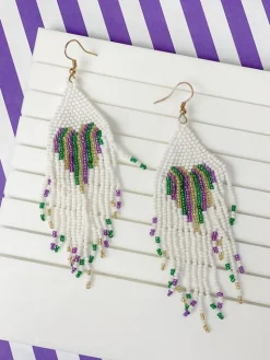 Mardi Gras Heart Beaded Tassel Earrings
