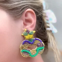 Mardi Gras King Cake Beaded Dangle Earrings