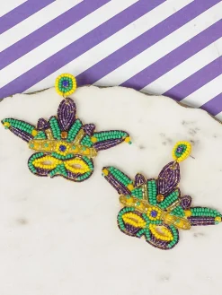 Mardi Gras Mask Beaded Dangle Earrings