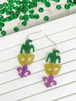 Mardi Gras Mask Glitter Trio Dangle Earrings