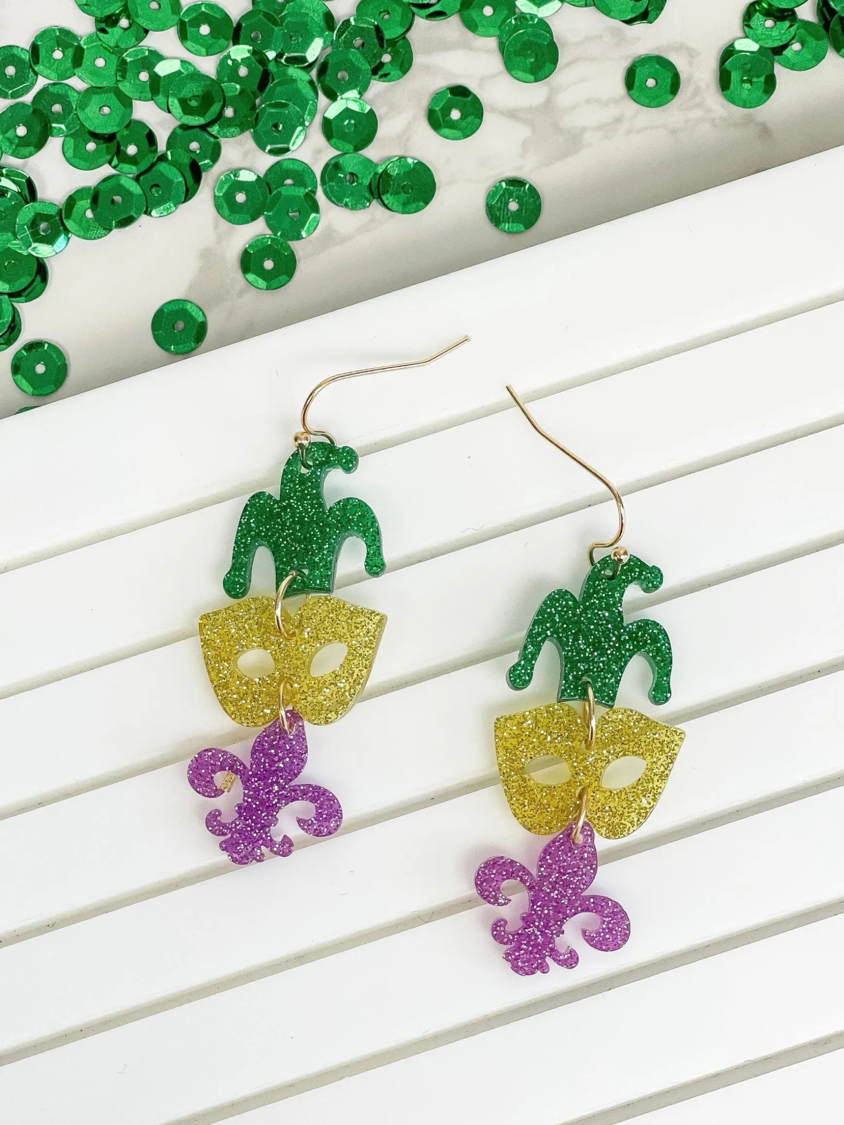 Mardi Gras Mask Glitter Trio Dangle Earrings