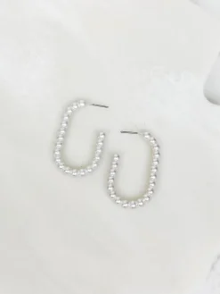 Matte Ball Oval Hoop Earrings - Silver