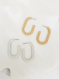 Matte Ball Oval Hoop Earrings - Silver