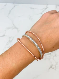 Matte Beaded Triple Strand Magnetic Bracelet - Rose Gold