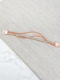 Matte Beaded Triple Strand Magnetic Bracelet - Rose Gold