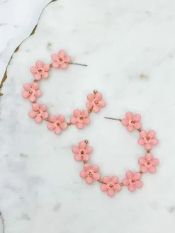 Matte Flower Hoop Earrings - Pink