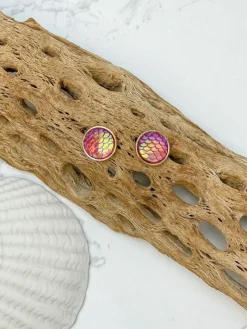 Mermaid Scale Statement Stud Earrings - Red