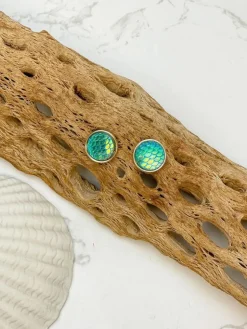 Mermaid Scale Statement Stud Earrings - Green