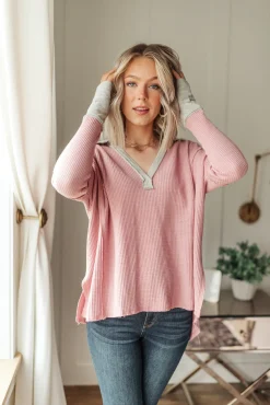 Mia Waffle Knit Long Sleeve In Pink