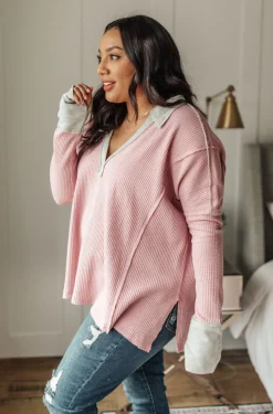 Mia Waffle Knit Long Sleeve In Pink