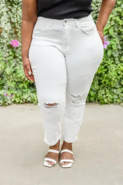 Mid-Rise Boyfriend Destroyed White Jeans by Judy Blue