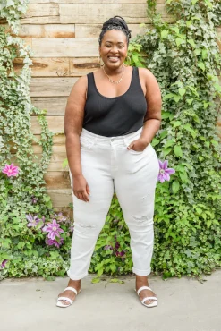 Mid-Rise Boyfriend Destroyed White Jeans by Judy Blue