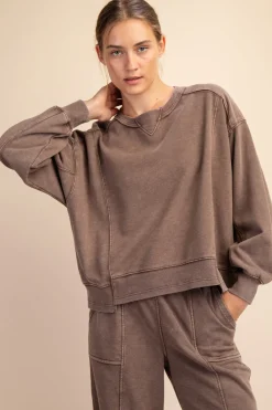 Mineral Wash Crew Neck Pullover by Rae Mode - Mocha
