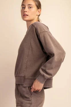 Mineral Wash Crew Neck Pullover by Rae Mode - Mocha
