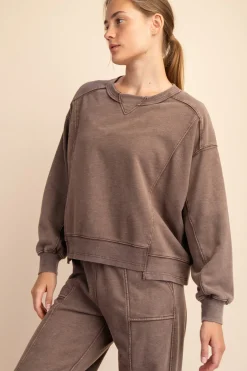 Mineral Wash Crew Neck Pullover by Rae Mode - Mocha