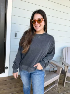 Mineral Wash Crew Neck Pullover by Rae Mode - Black