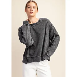 Mineral Wash Crew Neck Pullover by Rae Mode - Black