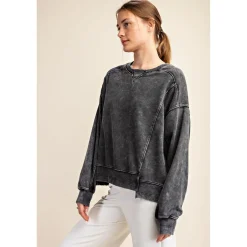 Mineral Wash Crew Neck Pullover by Rae Mode - Black