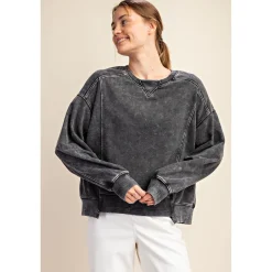 Mineral Wash Crew Neck Pullover by Rae Mode - Black