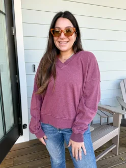 Mineral Wash V-Neck Sweatshirt by Rae Mode - Wine