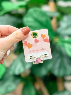 Mini Enamel Pearl Heart Hoop Earrings - Pink