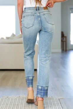 Miranda High Rise Plaid Cuff Vintage Straight Jeans by Judy Blue