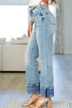 Miranda High Rise Plaid Cuff Vintage Straight Jeans by Judy Blue