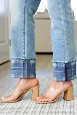 Miranda High Rise Plaid Cuff Vintage Straight Jeans by Judy Blue