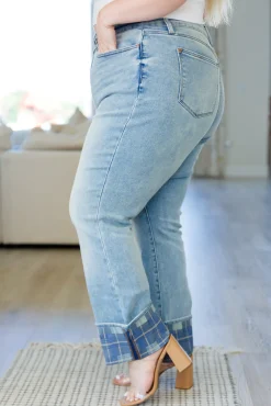 Miranda High Rise Plaid Cuff Vintage Straight Jeans by Judy Blue
