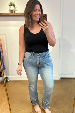 Miranda High Rise Plaid Cuff Vintage Straight Jeans by Judy Blue