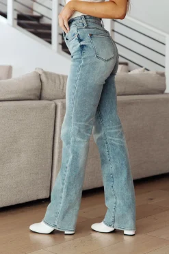 Miranda High Rise Plaid Cuff Vintage Straight Jeans by Judy Blue