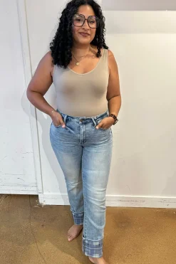 Miranda High Rise Plaid Cuff Vintage Straight Jeans by Judy Blue