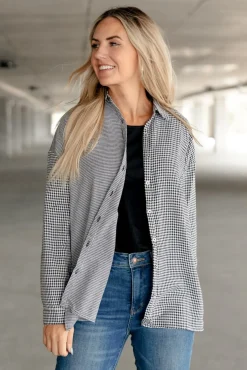 Mixed Houndstooth Button Up Top