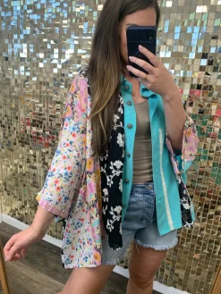 Mixed Material Flowy Top by POL - Peacock Blue