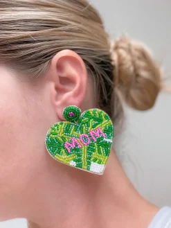 'Mom' Preppy Palm Seed Bead Heart Dangle Earrings