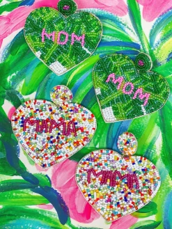 'Mom' Preppy Palm Seed Bead Heart Dangle Earrings