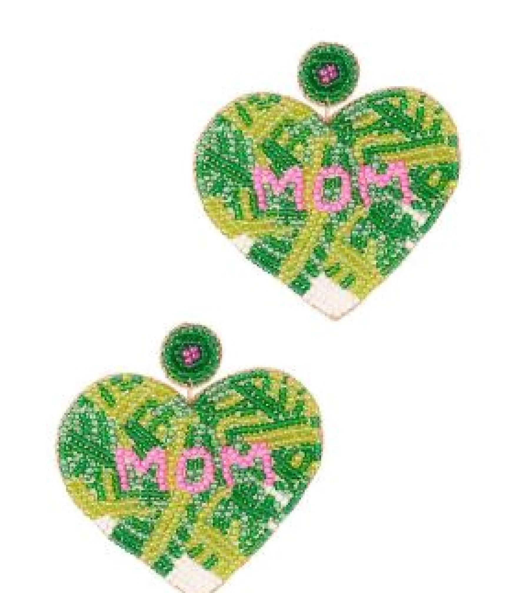 'Mom' Preppy Palm Seed Bead Heart Dangle Earrings