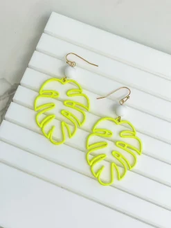 Monstera Color-Coated Outline Dangle Earrings - Yellow