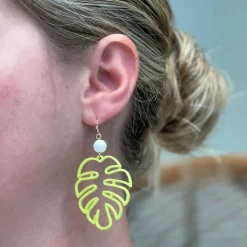 Monstera Color-Coated Outline Dangle Earrings - Yellow